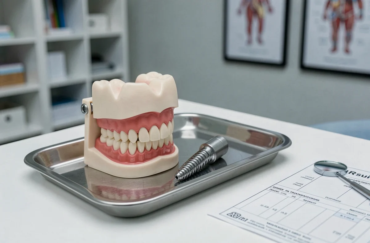 Modèle dentaire anatomique et implant dentaire en titane sur plateau clinique pour expliquer le parcours de soins