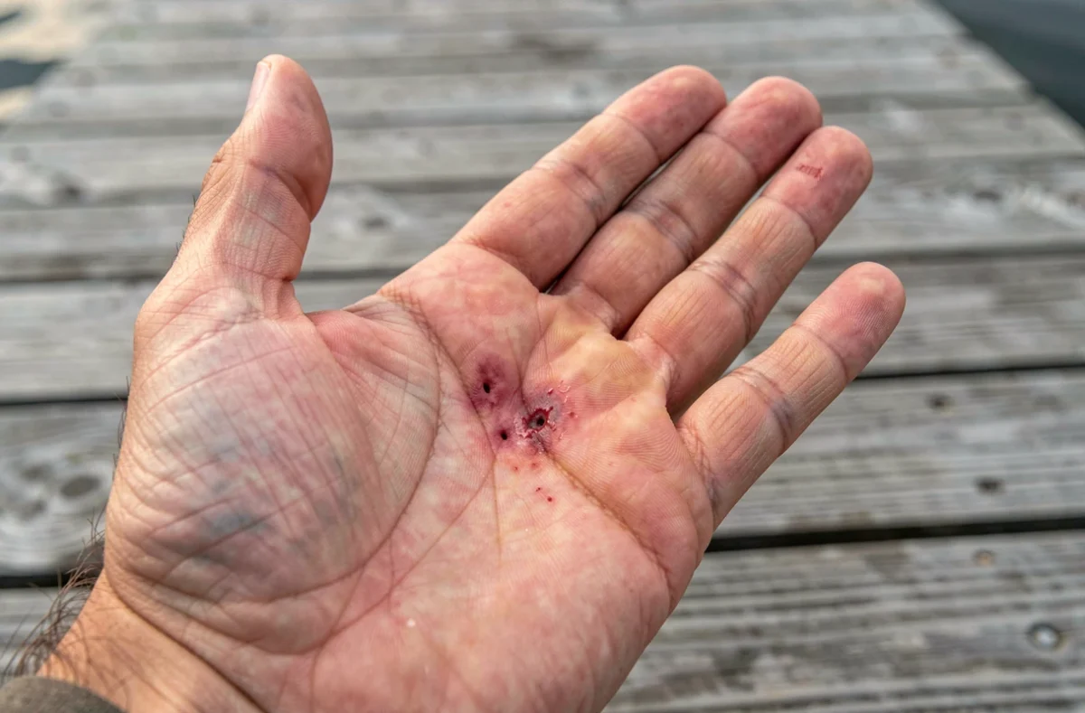 Gros plan d'une main blessée par une morsure de brochet montrant rougeur et gonflement autour des marques de dents