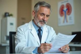 Néphrologue examinant des résultats d'analyse urinaire pour microalbuminurie dans un cabinet médical moderne