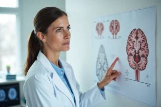 Neurologue pointant un schéma anatomique du cerveau dans un cabinet médical moderne, illustrant les différences entre épilepsie et troubles neurologiques voisins