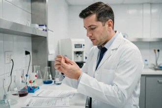 Nutritionniste en blouse blanche examinant une capsule de complément alimentaire Nuclever en laboratoire