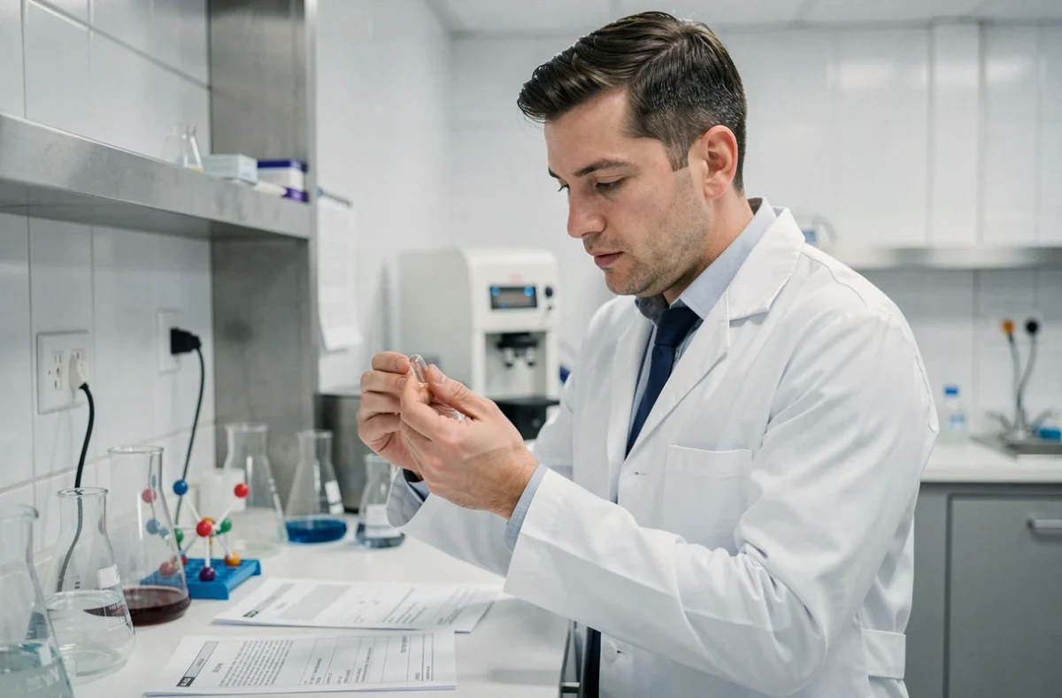 Nutritionniste en blouse blanche examinant une capsule de complément alimentaire Nuclever en laboratoire