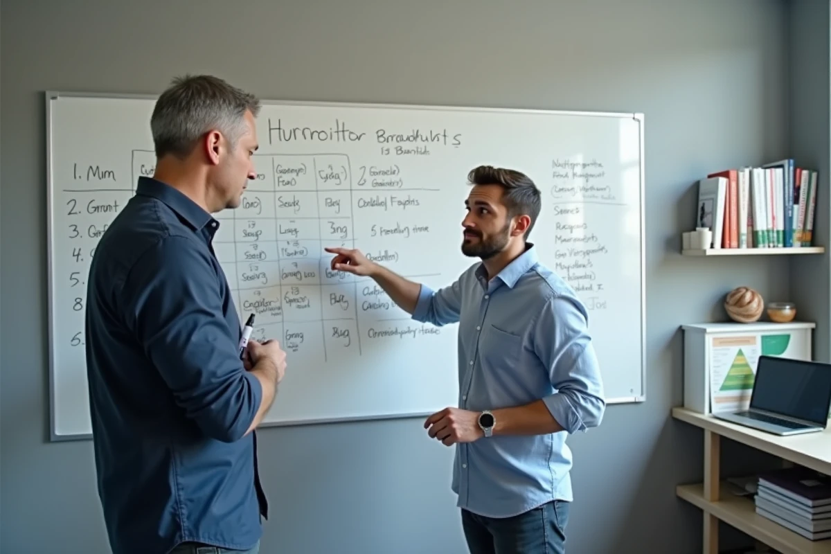Nutritionniste expliquant la méthode de menu régime API devant un tableau blanc avec des graphiques alimentaires dans un cabinet de nutrition professionnel