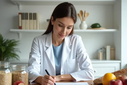 Nutritionniste consultant un tableau d'index glycémique des aliments avec des aliments à faible IG sur un bureau en bois
