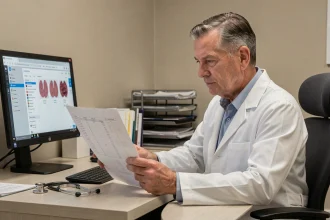Oncologue examinant les résultats d'un test sanguin CA 19-9 dans un bureau médical moderne pour le diagnostic du cancer du pancréas