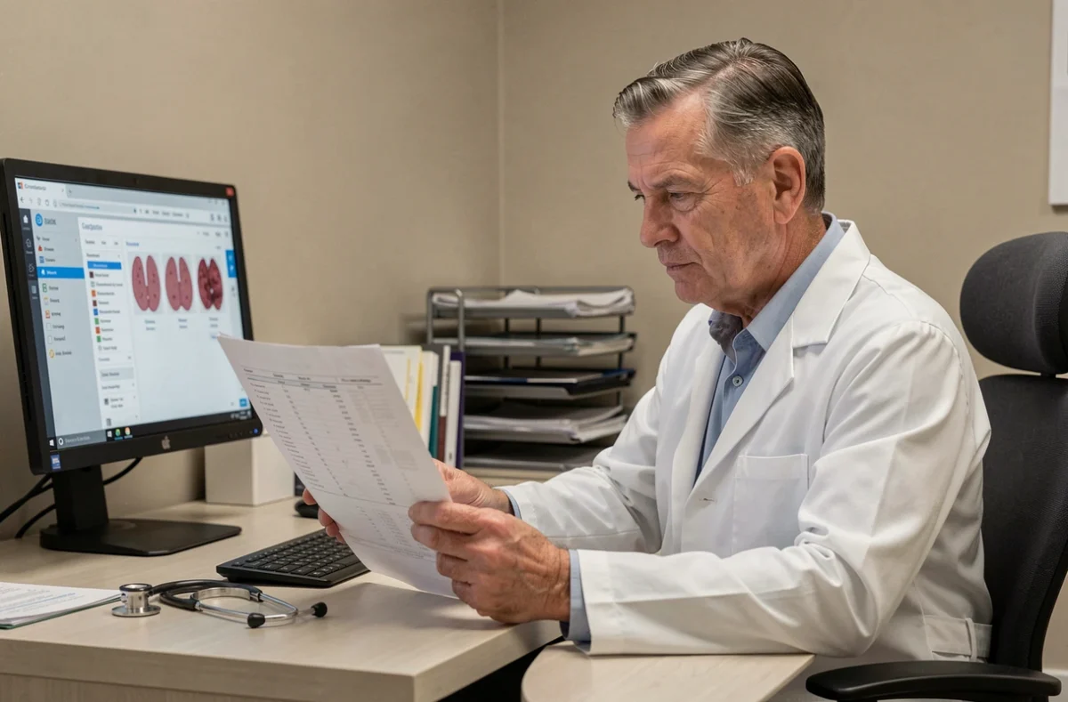 Oncologue examinant les résultats d'un test sanguin CA 19-9 dans un bureau médical moderne pour le diagnostic du cancer du pancréas