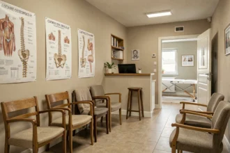 Cabinet d'ostéopathie typique des Deux-Sèvres avec salle d'attente et table de traitement
