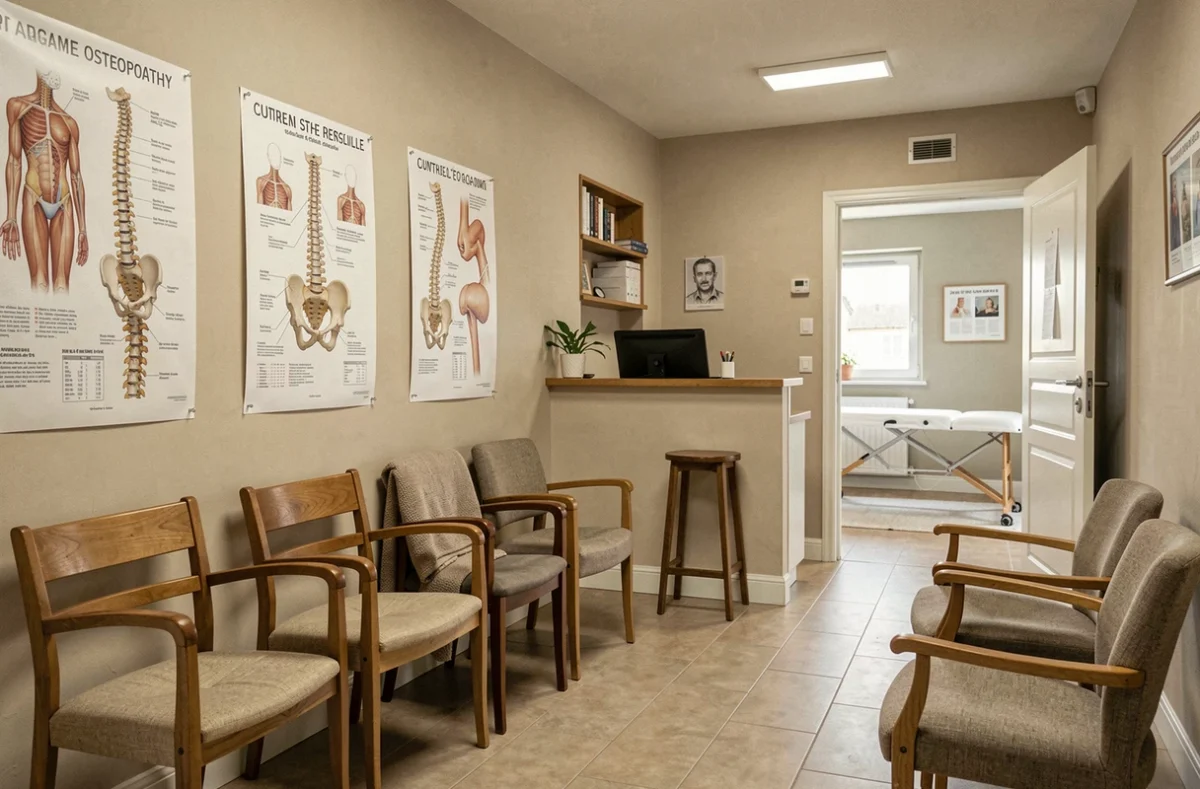 Cabinet d'ostéopathie typique des Deux-Sèvres avec salle d'attente et table de traitement