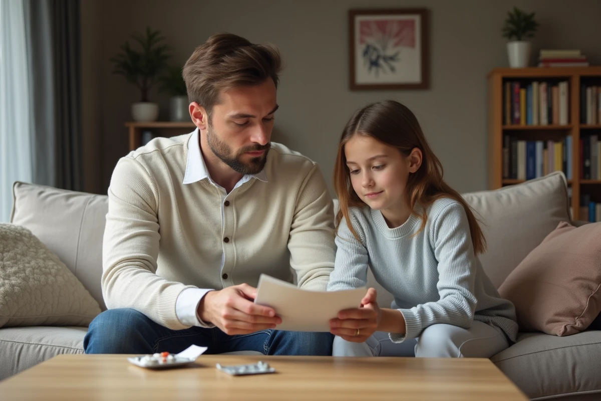 Père et fille étudiant un dépliant médical avec levure et antibiotiques