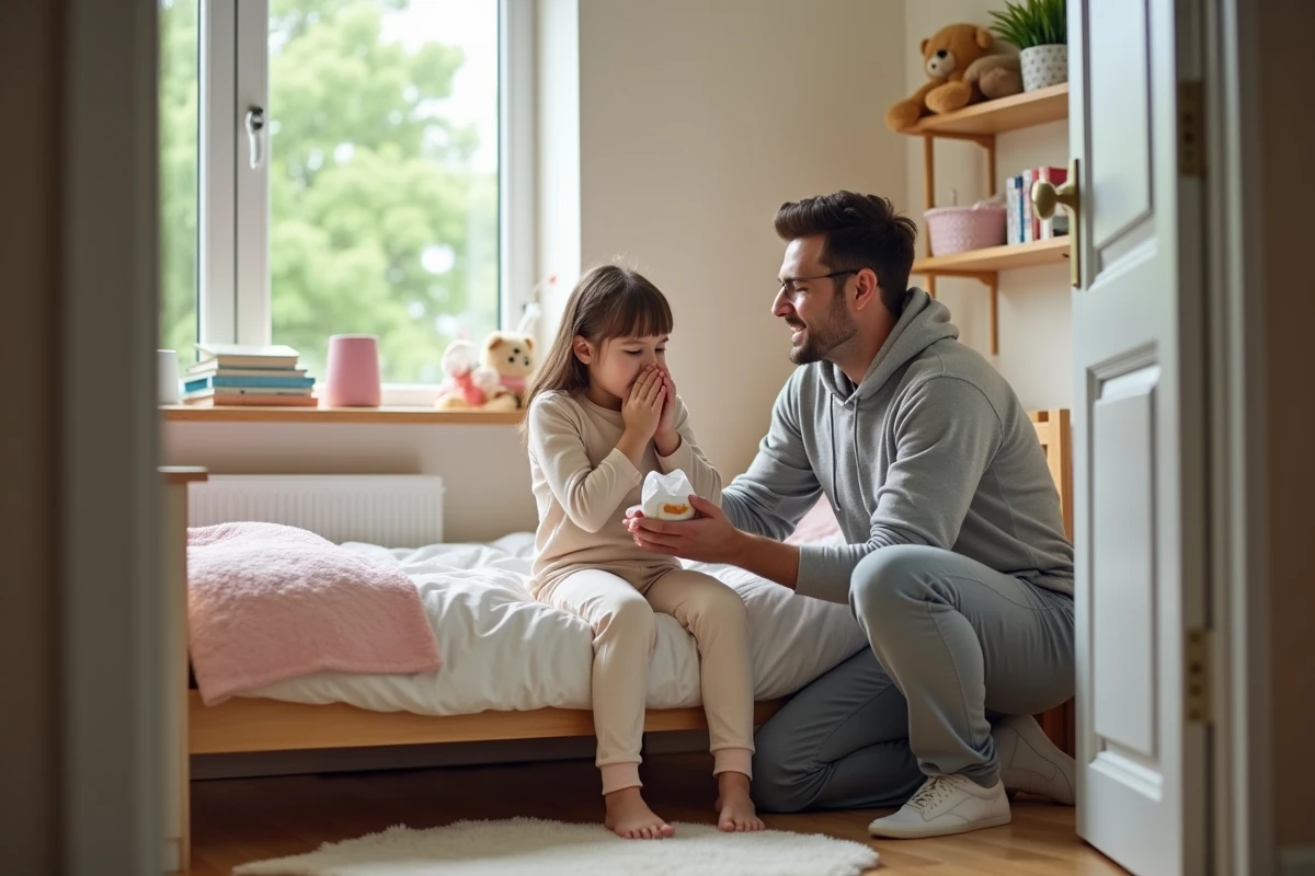 Papa aidant sa fille malade assise sur le lit