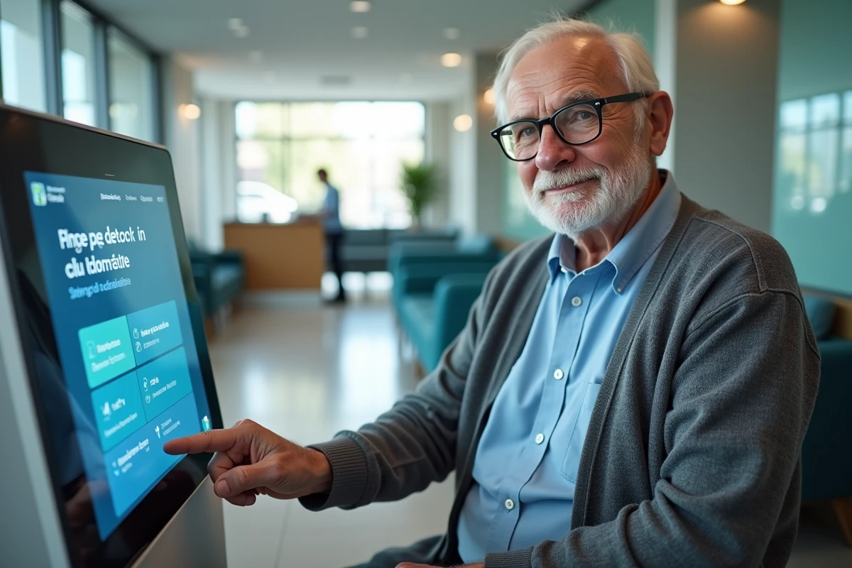 Patient âgé utilisant une borne de check-in numérique en salle d'attente d'une clinique modernisée grâce à la transformation numérique