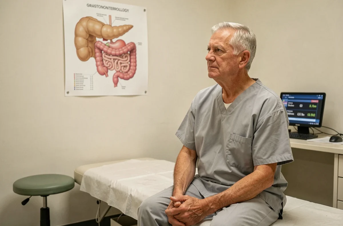 Patient en consultation de gastroentérologie observant un schéma anatomique du pancréas lors d'un suivi lié au marqueur tumoral CA 19-9