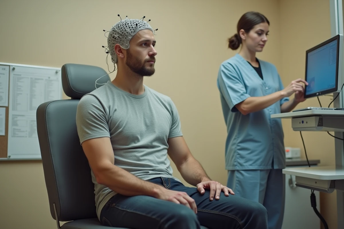 Patient portant un casque EEG lors d'un examen neurologique pour diagnostiquer une épilepsie ou un trouble du spectre épileptique comme le Zonivizectrum