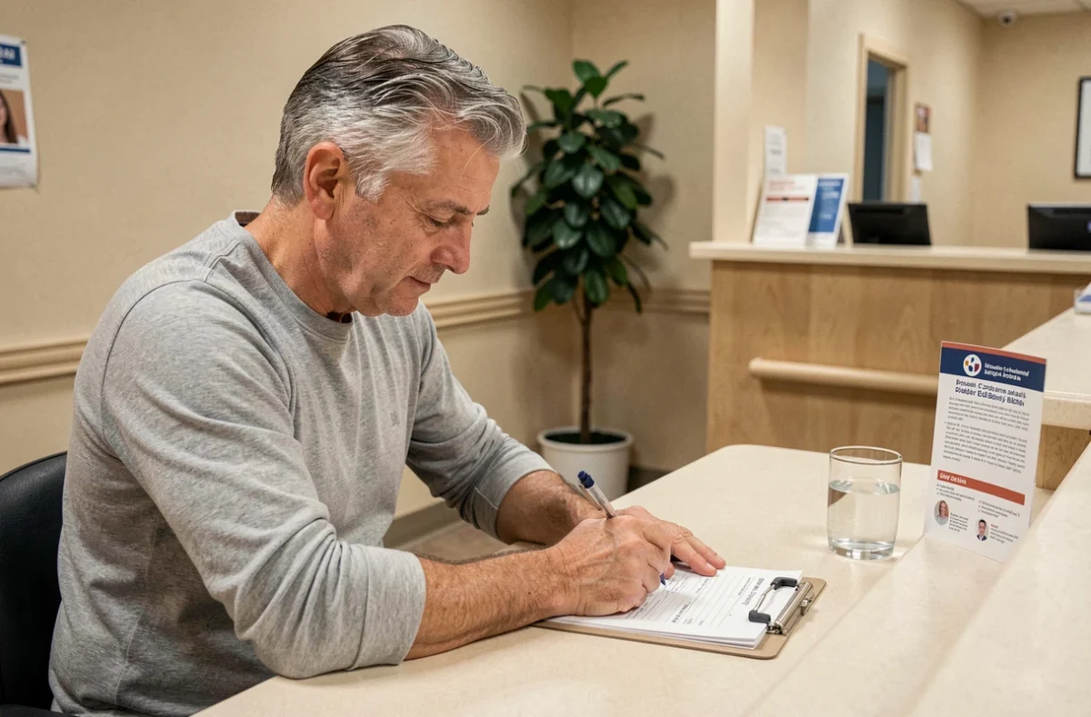 Patient remplissant un formulaire médical avant une prise de sang pour un bilan hémogramme en clinique