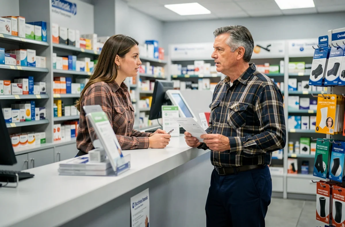 Patient après chirurgie des varices en consultation à la pharmacie pour des bas de contention