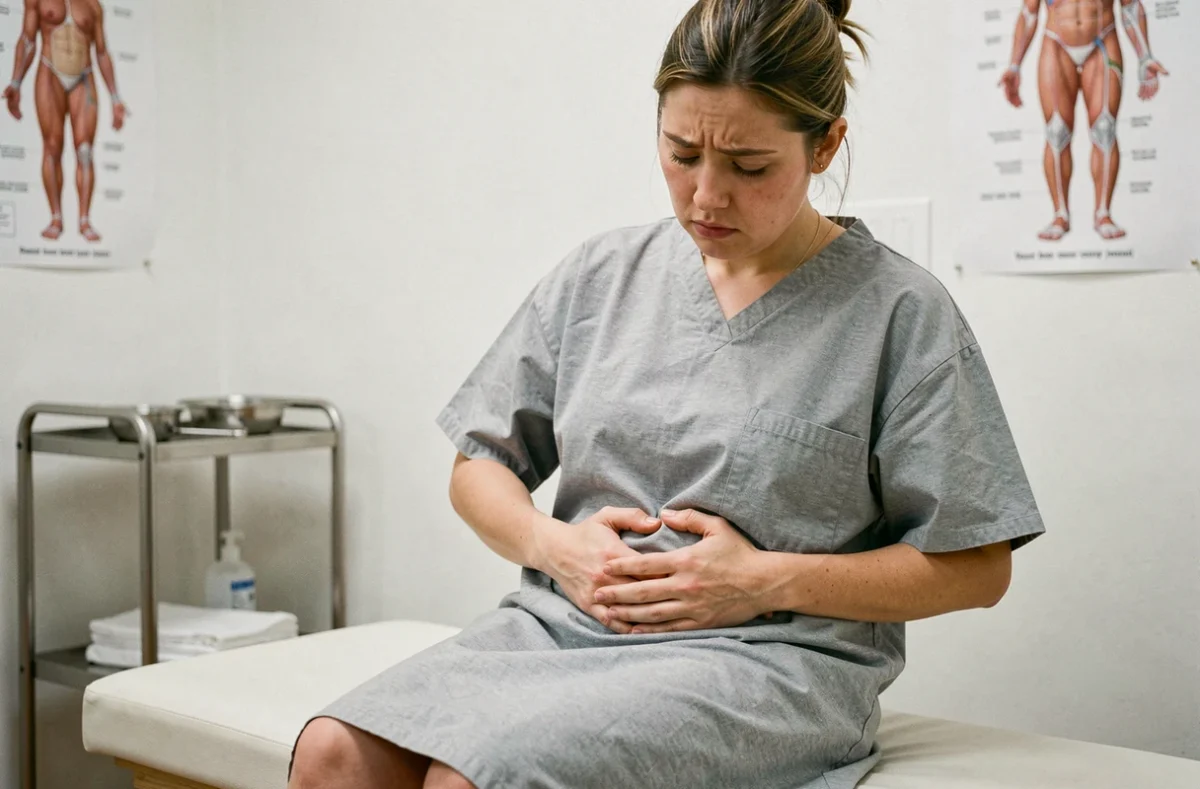 Patiente en consultation médicale s'interrogeant sur un ganglion lymphatique douloureux dans l'aine