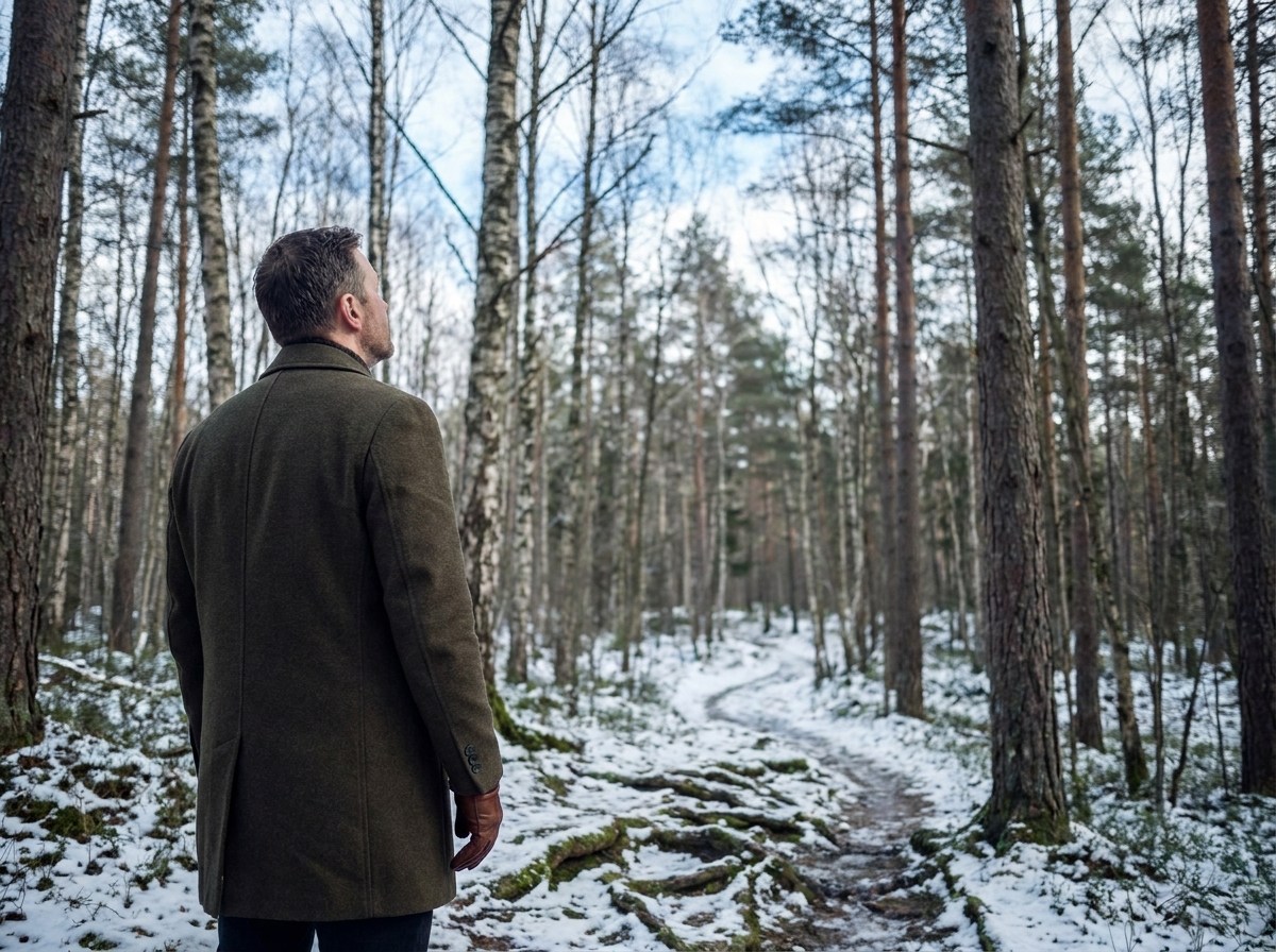Homme en manteau en laine dans une forêt enneigée en hiver, regardant les arbres nus, moment de pause et de reconnexion avec la nature hivernale