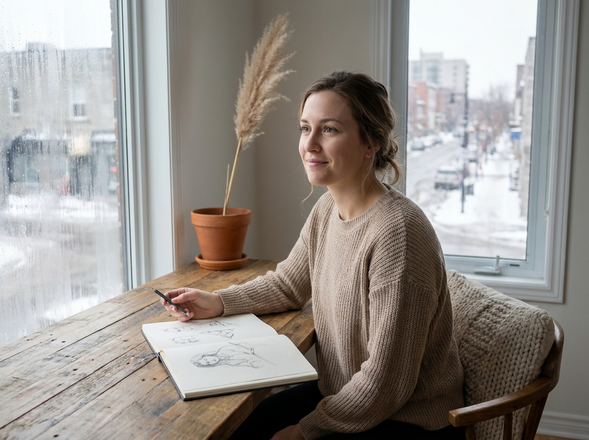 Jeune femme assise à un bureau en bois avec un carnet de croquis, regard perdu dans la contemplation, intégrer des pauses visuelles dans une journée de travail hivernale