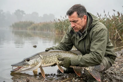 Pêcheur manipulant un grand brochet avec des gants protecteurs au bord d'un lac, illustrant les risques de morsure de brochet
