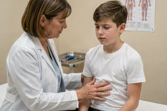 Pédiatre examinant l'abdomen d'un adolescent lors d'une consultation médicale pour transaminases élevées