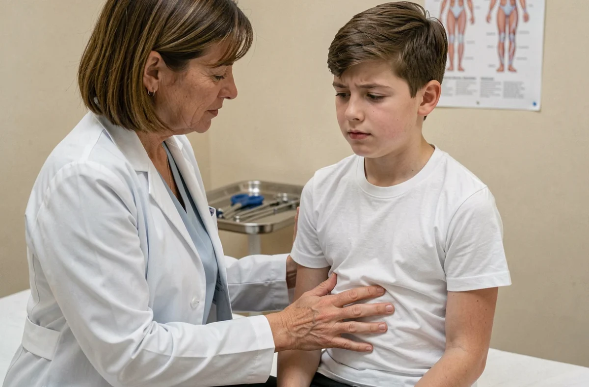 Pédiatre examinant l'abdomen d'un adolescent lors d'une consultation médicale pour transaminases élevées