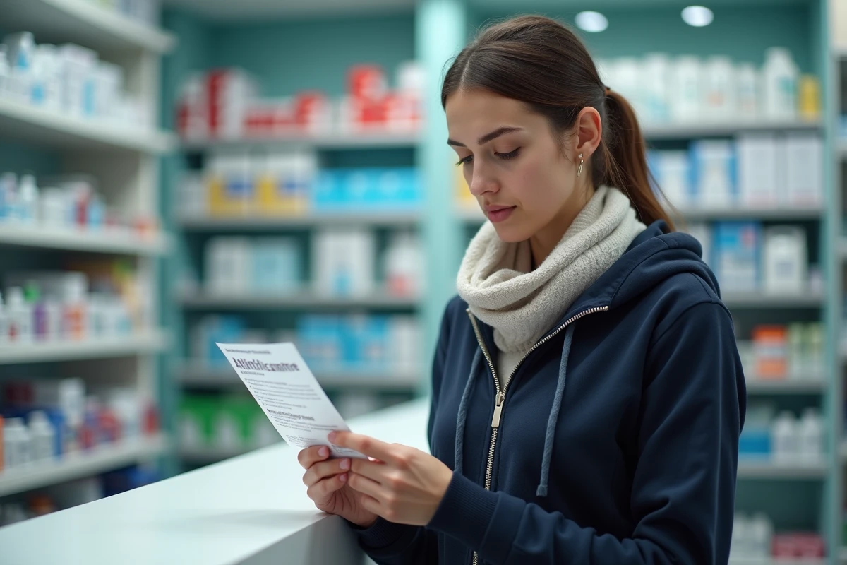 Jeune femme en pharmacie consultant une notice d'antihistaminique pour gérer un oedème de Quincke