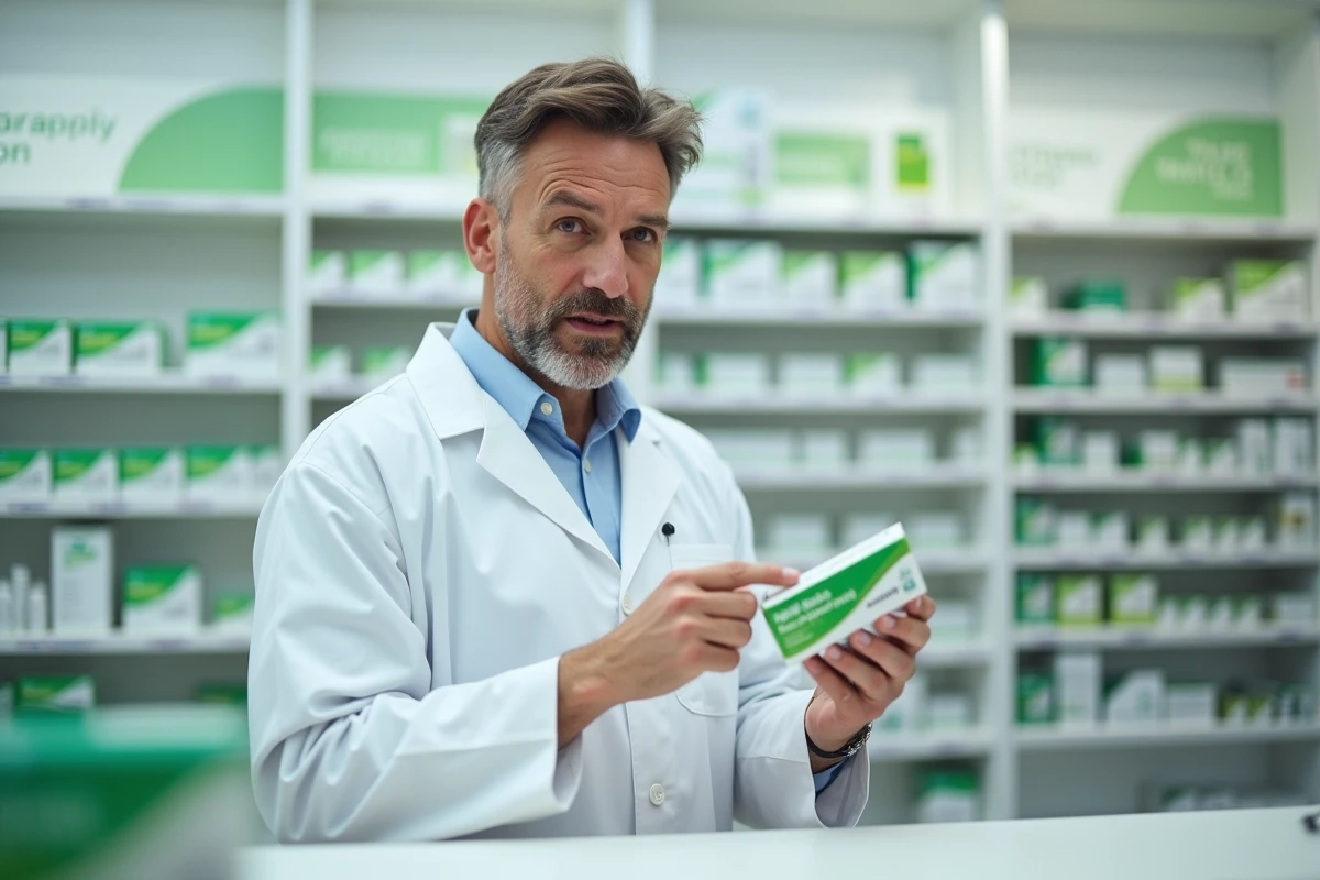 Pharmacien tenant un traitement antiparasitaire contre les puces et expliquant son utilisation à un client