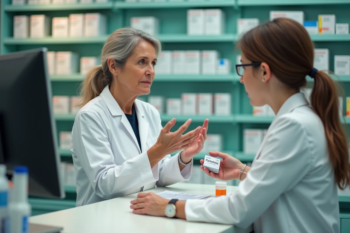 Pharmacienne expliquant à une patiente les risques de malaise vagal après la prise de paracétamol, comptoir de pharmacie avec boîte de médicament
