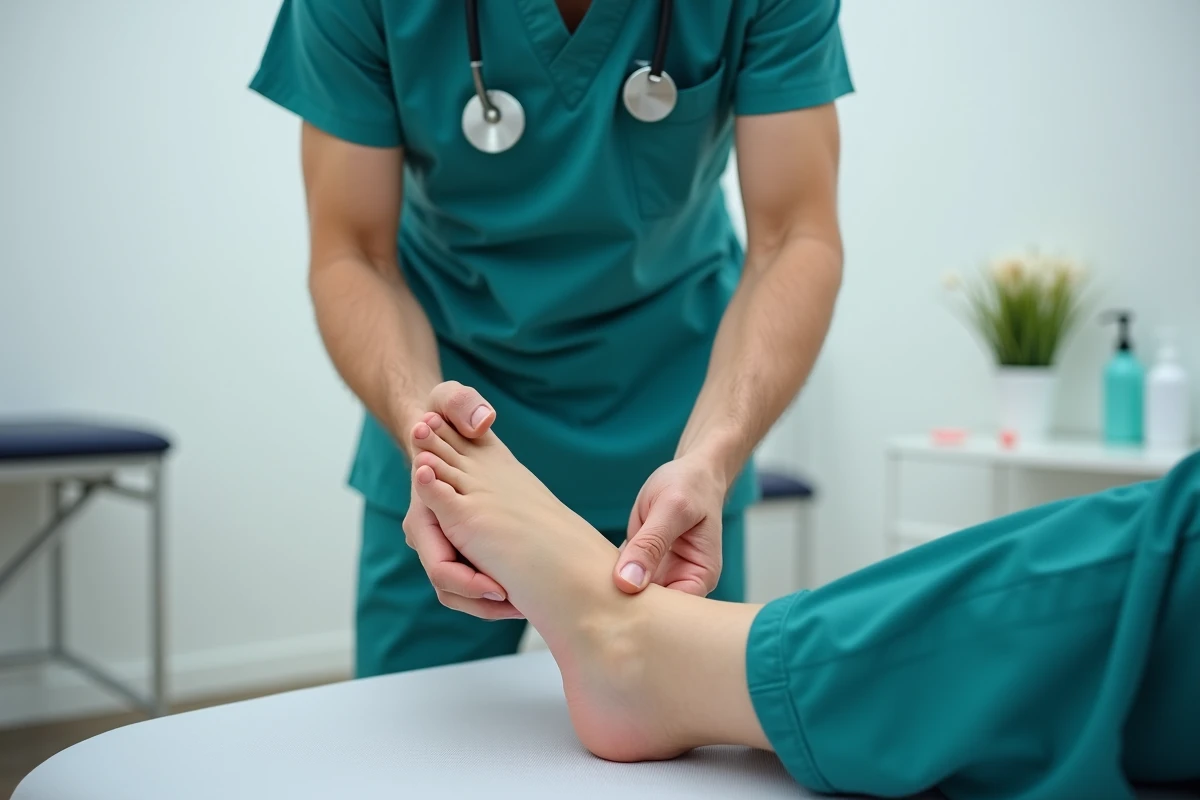 Physiothérapeute examinant un orteil traumatisé avec une matrice de l'ongle endommagée en cabinet médical