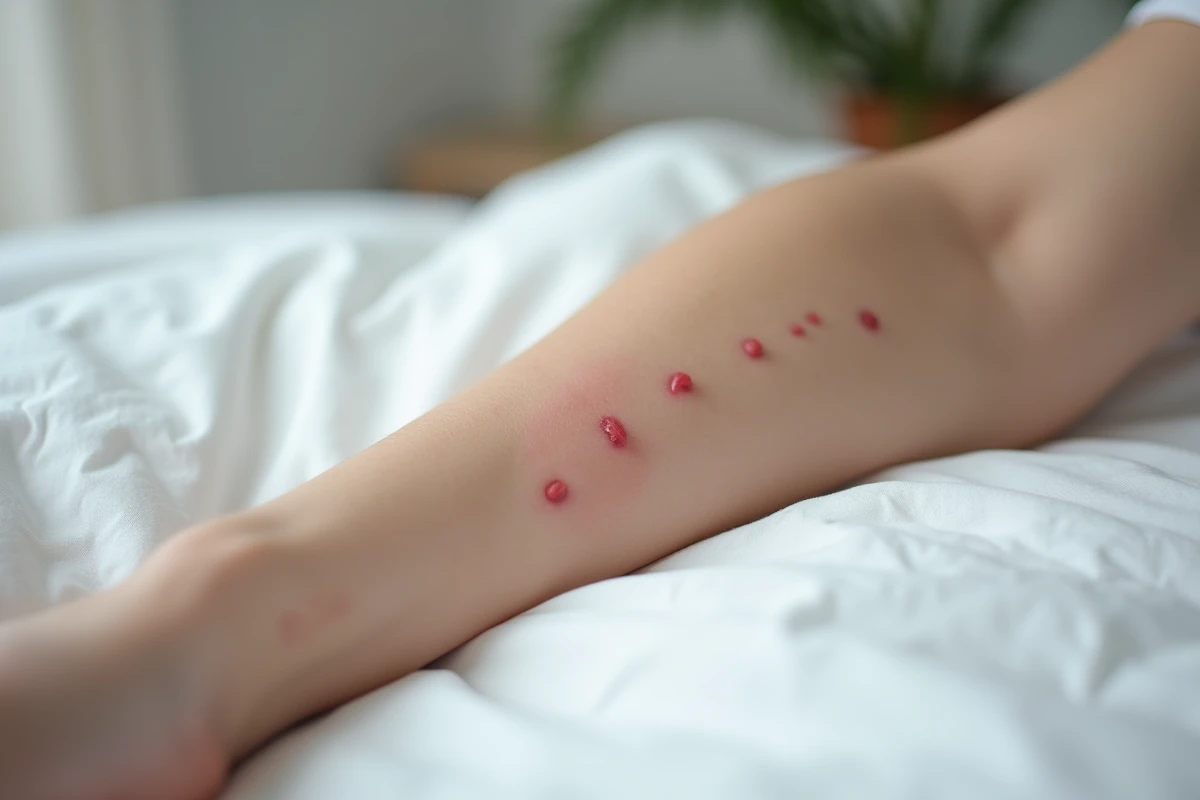 Gros plan sur des piqûres de puces humaines sur un avant-bras, montrant des rougeurs caractéristiques sur la peau