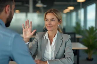 Une femme au bureau pose une limite à un collègue envahissant avec calme et assurance
