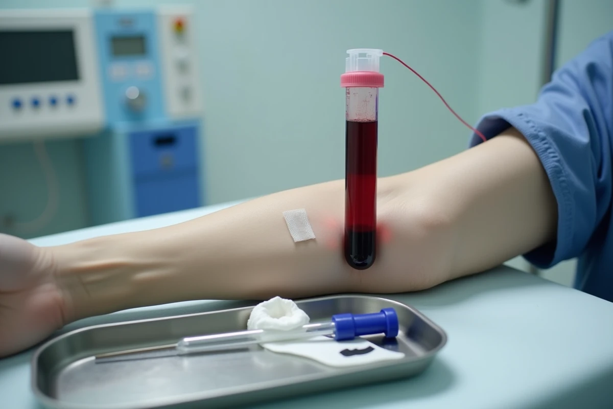 Gros plan d'un tube de prélèvement sanguin et d'un bras après un don de sang en milieu médical