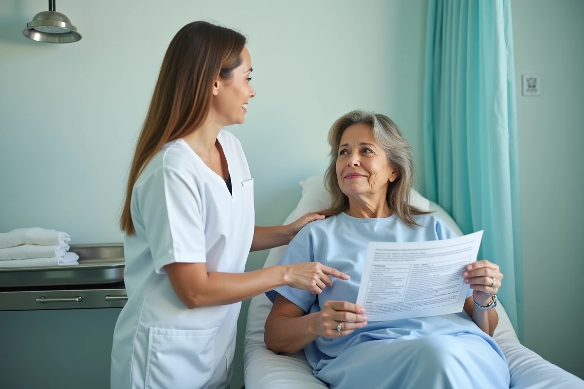 Patiente préparant son opération du dos avec une infirmière en neurochirurgie