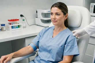 Femme se préparant à une prise de sang pour un hémogramme TCMH dans un laboratoire médical moderne