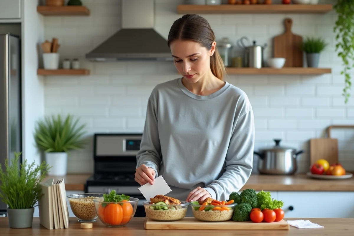 Jeune femme préparant des repas équilibrés selon la méthode API régime menu dans une cuisine moderne avec des contenants de meal prep et des légumes frais