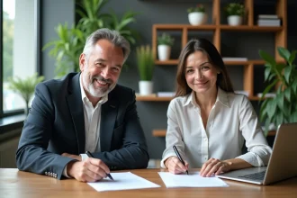 Un couple d'adultes au bureau moderne en réunion