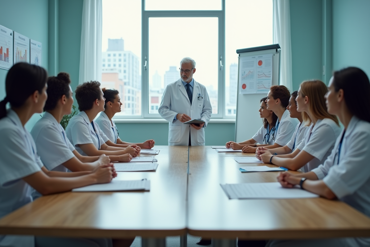 Professionnels de santé en réunion dans une salle d