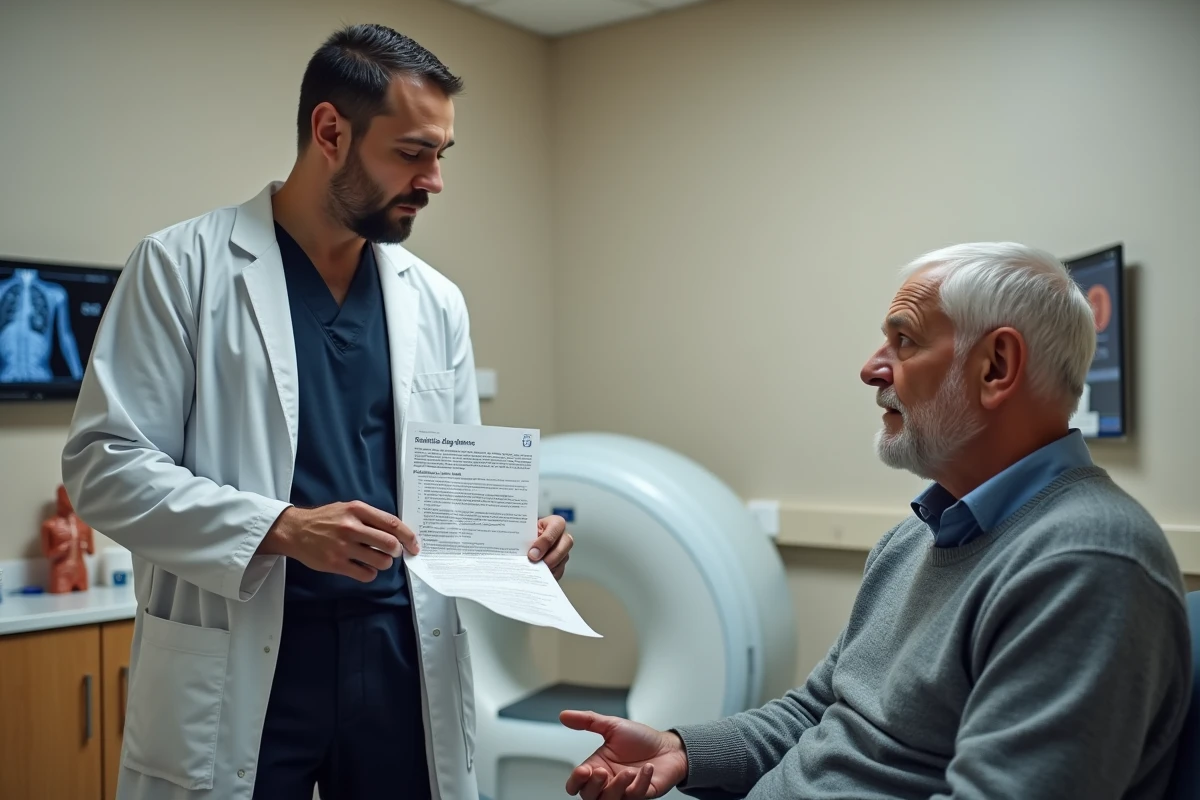 Radiologue expliquant les effets secondaires de l'IRM avec injection à un patient âgé en salle de consultation