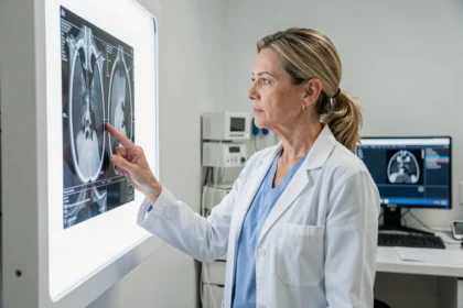 Radiologue femme en blouse blanche examinant une radiographie dans un service d'imagerie médicale moderne