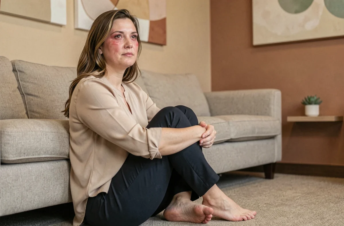 Femme en posture de réflexion dans un cabinet de thérapie, illustrant le processus de reconstruction psychologique après une relation avec une femme perverse narcissique