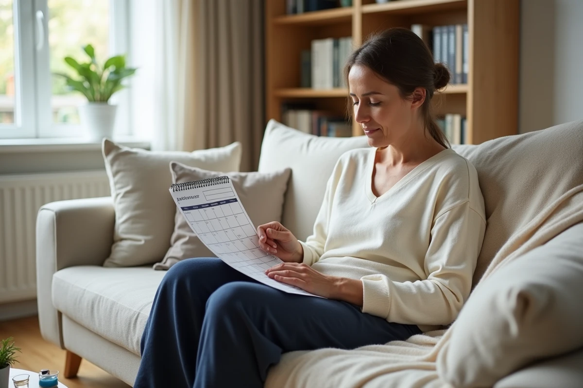 Femme en récupération post-opératoire chez elle consulte un calendrier de convalescence semaine par semaine sur son canapé