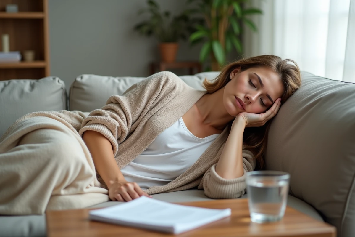 Femme se reposant chez elle après une IRM avec injection, allongée sur un canapé avec un verre d'eau et des documents médicaux