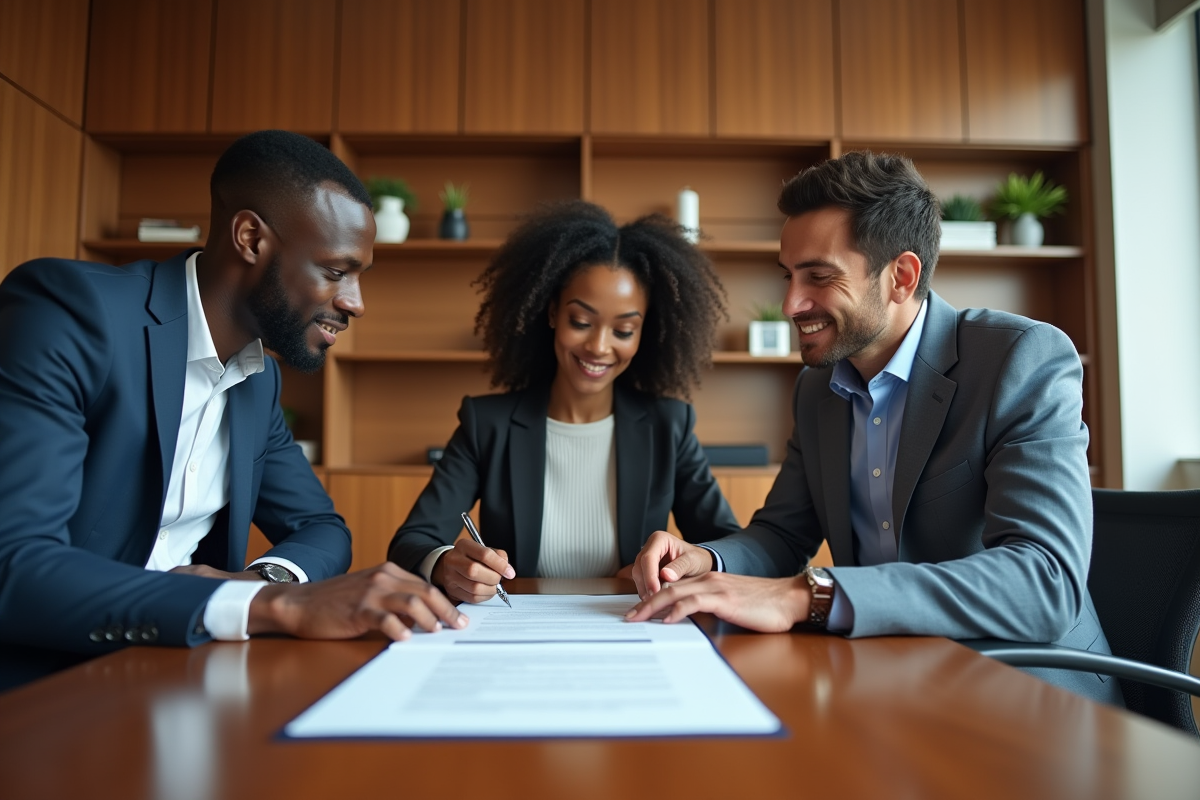 Groupe de trois personnes discutant autour d un contrat