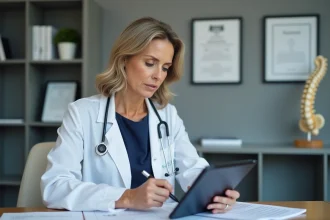 Rhumatologue femme analysant des données médicales sur les GCA 2700 dans son cabinet de consultation