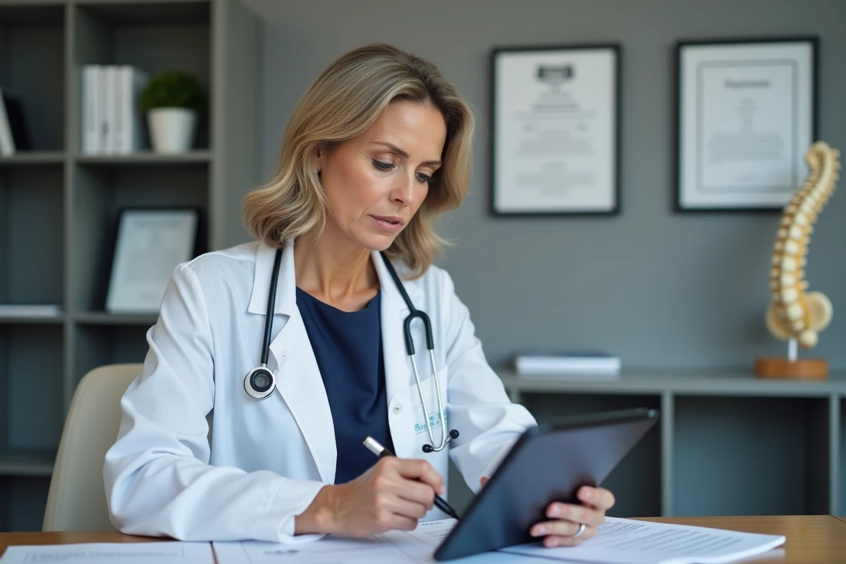 Rhumatologue femme analysant des données médicales sur les GCA 2700 dans son cabinet de consultation