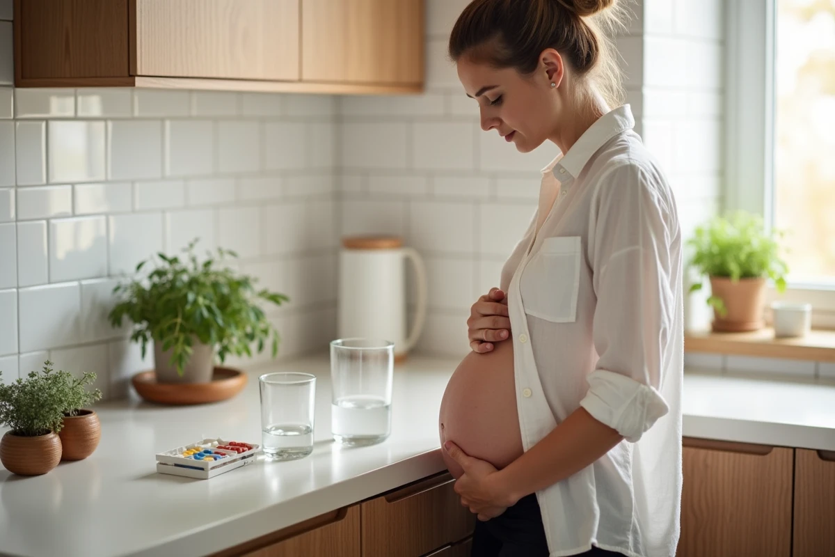 Femme enceinte prenant ses précautions quotidiennes dans sa cuisine, illustrant la gestion du repos et des soins pendant un cerclage