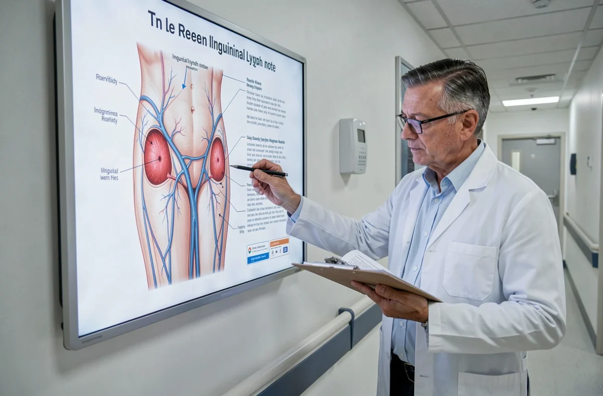 Médecin pointant un schéma anatomique des ganglions lymphatiques inguinaux pour expliquer un diagnostic