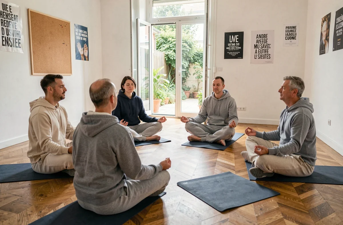 Groupe d'adultes en séance de méditation collective sur des tapis de yoga dans une salle communautaire de banlieue parisienne, cours de méditation en Île-de-France