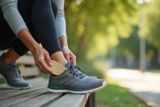 Femme insérant une semelle orthopédique pour pied plat dans sa chaussure de sport dans un parc urbain