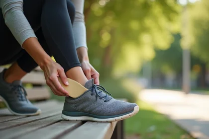 Femme insérant une semelle orthopédique pour pied plat dans sa chaussure de sport dans un parc urbain